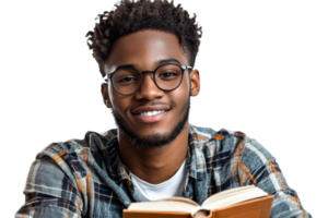Smiling student with book isolated on black, cut out transparent png