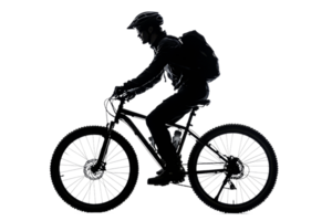 Mountain biker silhouette on black background, cut out transparent png