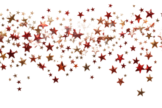 Christmas decorations, red and gold stars on black background, cut out transparent png