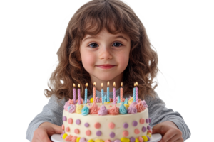 Smiling girl holding birthday cake with candles, cut out transparent png