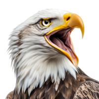 Bald eagle fiercely calling, avian close up, beak open, cut out transparent png