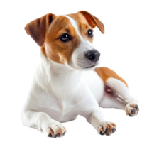 A charming Jack Russell Terrier dog laying down, isolated, cut out transparent png