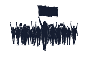 Crowd protests with signs and fists, demonstration silhouette, cut out transparent png