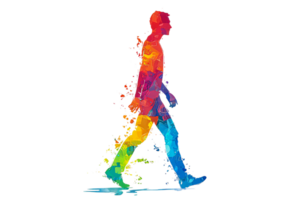 Walking man, multicolored, abstract, geometric shapes, cut out transparent png