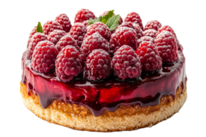 Raspberry tart covered in glaze and powdered sugar, cut out transparent png