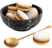 Alfajores cookie filled with caramel and dusted with sweet powdered sugar. . png