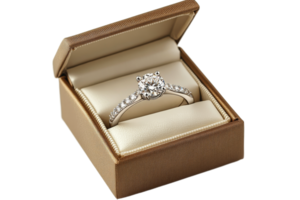 Luxury diamond ring inside the box, anniversary, cut out transparent png