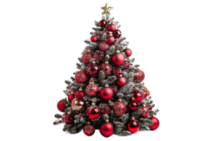Snowy Christmas tree with red ornaments, cut out transparent png