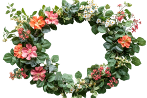 Floral wreath of flowers, leaves and berries in circle shape, cut out transparent png