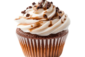 Delicious chocolate cupcake with cream frosting and topping, cut out transparent png