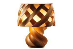 Stylish wooden lamp design with lattice shade, cut out transparent png