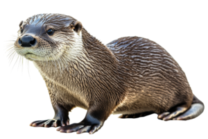 Adorable otter is sitting quietly, looking attentively, cut out transparent png