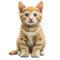 Cute orange tabby kitten attentively sits, isolated, cut out transparent png