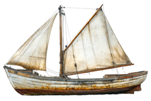 Old sailing boat with sails, weathered hull, rigging, cut out transparent png