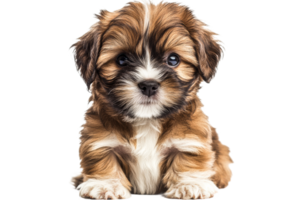 Cute puppy with brown and white fur sitting, cut out transparent png