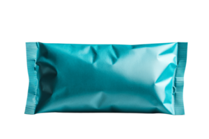Teal food packaging with wrinkled texture, isolated on black background, cut out transparent png