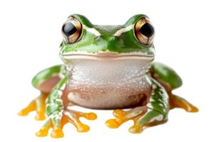 Green frog with golden eyes portrait, isolated on black background, cut out transparent png