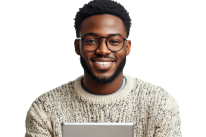 Cheerful Black man wearing glasses, sweater and smiling , cut out transparent png
