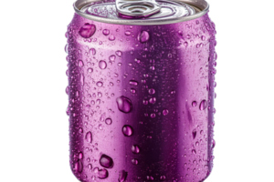 Wet purple soda can, condensation drops, refreshment drink, cut out transparent png