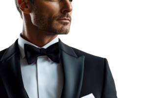 Attractive man in tuxedo looking away with confidence, cut out transparent png