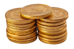 Gold coin stacks, valuable and shiny currency , cut out transparent png