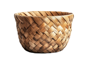 Woven wicker basket, empty, isolated, craft container, natural, rustic, cut out transparent png