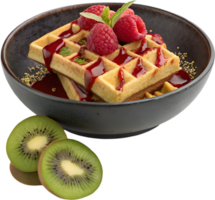 Delicious Belgian Waffles with Rich Cream and Fresh Fruit Toppings. . png