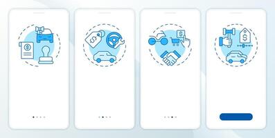 Auto dealership blue onboarding mobile app screen. Walkthrough 4 steps editable graphic instructions with linear concepts. UI, UX, GUI template vector
