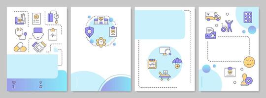 Utilization management blue circle brochure template. Medications processing and healthcare. Leaflet design with linear icons. Editable 4 layouts vector