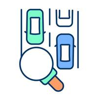 Traffic control and safety RGB color icon. Magnifying glass over highway with transport flow. Studying cars motion. Isolated illustration. Simple filled line drawing. Editable stroke vector