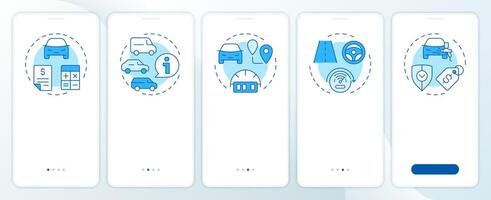 Car buying process blue onboarding mobile app screen. Walkthrough 5 steps editable graphic instructions with linear concepts. UI, UX, GUI template vector