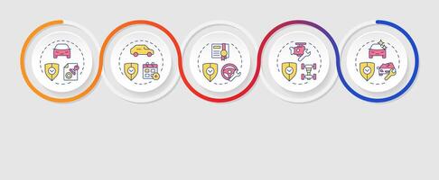 Dealership car buying infographics circles sequence. Vehicle damage, corrosion. Visualization layout with 5 steps. Info chart loop process presentation vector