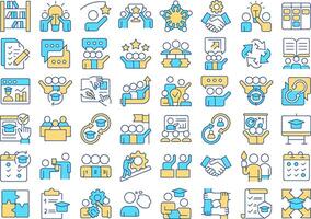 Cooperative learning RGB color icons set. Team work organization, studying. Communication, brainstorm. Isolated illustrations. Simple filled line drawings collection. Editable stroke vector