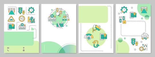 Traffic management green circle brochure template. Road transport capacity regulation. Leaflet design with linear icons. Editable 4 layouts vector
