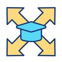 Cooperative learning strategy RGB color icon. Graduation cap, directional arrows. Education, academic. Teaching, methodology. Isolated illustration. Simple filled line drawing. Editable stroke vector