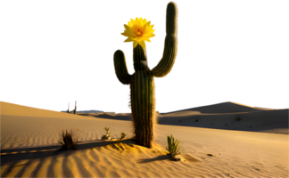 Majestic cactus tree in the center of a golden desert scene. . png
