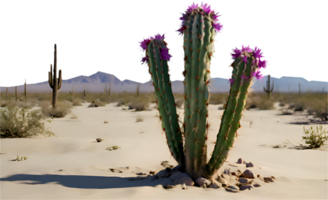 Single cactus tree silhouetted by the setting sun in the desert. . png