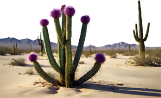 Tranquil desert setting with cactus tree as the central element. . png