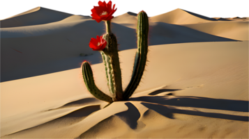 Sunlit desert landscape with cactus tree standing alone in serenity. . png