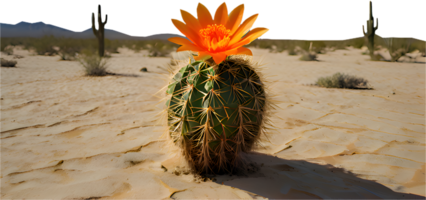 Serene desert scene with a lone cactus tree and clear blue sky. . png