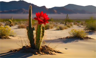 Cactus tree casting its shadow in a serene desert landscape. . png