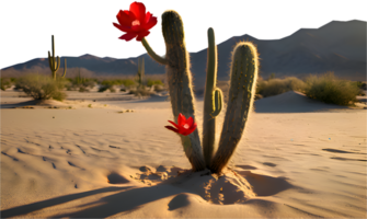 A lone cactus tree casting shadows in the desert sunlight. . png