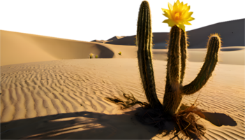 Cactus tree alone in the desert with golden hour sunlight. . png