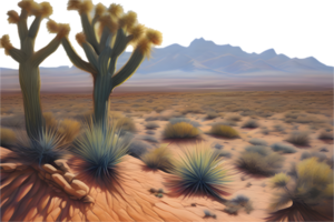 Remote desert scene with palm trees and barren hills. . png