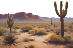 Sunset desert horizon with a vast empty land and cactus. . png
