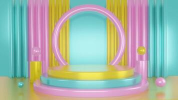 3d Render, Abstract Surreal pastel landscape background with arches and podium for showing product, Colorful dune scene with copy space, Minimalist decor design video