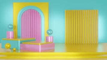3d Render, Abstract Surreal pastel landscape background with arches and two podium for showing product, Colorful dune scene with copy space, Minimalist decor design video