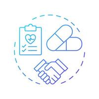 Medication reconciliation blue gradient concept icon. Patient pharmacy treatment list control. Care transition. Round shape line illustration. Abstract idea. Graphic design. Easy to use in brochure vector