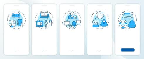Sharing economy models blue onboarding mobile app screen. Walkthrough 5 steps editable graphic instructions with linear concepts. UI, UX, GUI template vector