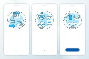 Sharing economy core elements blue onboarding mobile app screen. Walkthrough 3 steps editable graphic instructions with linear concepts. UI, UX, GUI template vector